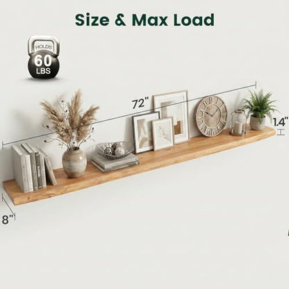 72in Live Edge Solid Elm Floating Shelves, Natural, Set of 1 - color: Natural Color, size: Live Edge 72 inch, 1Pack