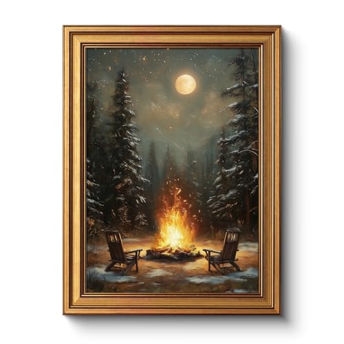 Vintage Gold Framed Winter Landscape with Campfire Wall Art 12x16 Inch - color: Bonfire, size: 16"L x 12"W