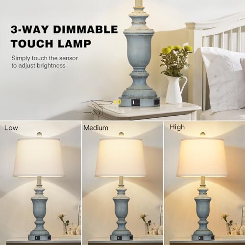 Cinkeda 25.6" Blue Table Lamps Set of 2 with USB C+A Ports & AC Outlet for Coastal Living Room Bedroom,3-Way Dimmable Farmhouse Touch Lamp Bedside Lamps for Nightstand,Retro Blue - color: Coastal