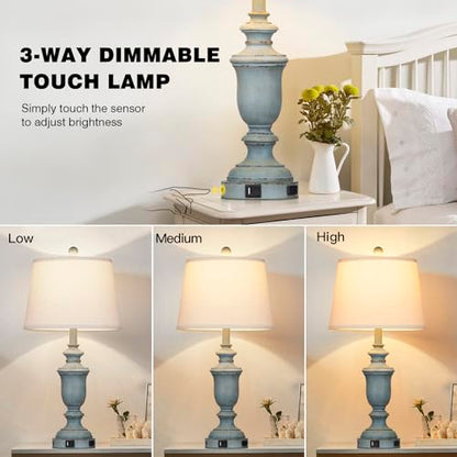Cinkeda 25.6" Blue Table Lamps Set of 2 with USB C+A Ports & AC Outlet for Coastal Living Room Bedroom,3-Way Dimmable Farmhouse Touch Lamp Bedside Lamps for Nightstand,Retro Blue - color: Coastal