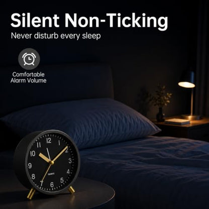 JALL Analog Alarm Clock, 4 inch Super Silent Non Ticking Small Clock with Night Light, Battery Operated, Simple Design, Easy Setting for Office, Bedroom, Bedside, Desk, Teens, Elders, Adult, Black - color: Deep Black