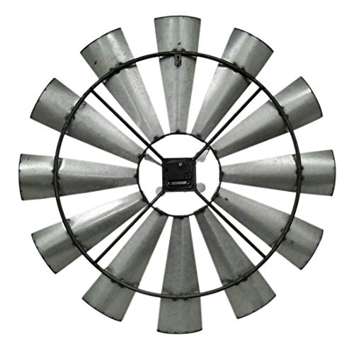 Distressed Grey Rustic 30 Inch Metal Windmill Wall Clock | 12 Blades Mark the Hours, Quartz Movement, 1 Inch Projection, Requires 1 AA Battery
