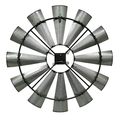 Distressed Grey Rustic 30 Inch Metal Windmill Wall Clock | 12 Blades Mark the Hours, Quartz Movement, 1 Inch Projection, Requires 1 AA Battery