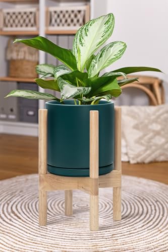D'vine Dev Ceramic Pot with Natural Wood Stand, Teal, 8 in, 55-B-N-4 - color: Teal Pot + Natural Stand, size: 8 Inch