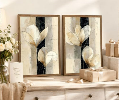Framed Modern Neutral Black White Abstract Floral Canvas Wall Art Set of 2 - color: Beige, Black, Gold, Cream, White, size: 12"L x 16"W