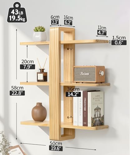 SUMGAR Floating Shelves for Wall Wood, 3 Tier Adjustable Large Shelf Unit - color: Wooden, size: 3 Tier 19.6in