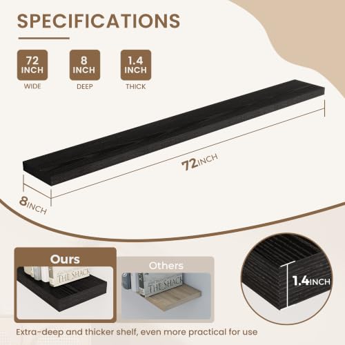 Dreamland 72 Inches Wall Mounted Wood Floating Shelves, Black, 2 Pack - color: Black, size: 72in