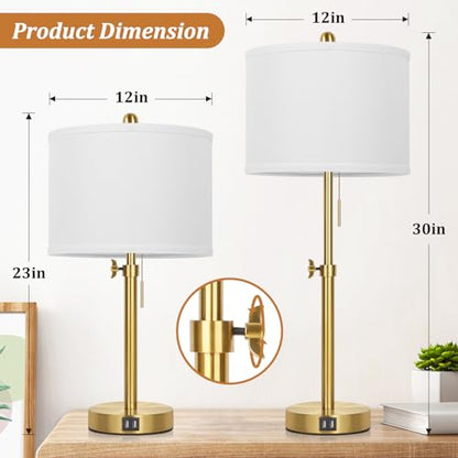 Kondras Table Lamp Set of 2, Bedside Lamp with 2 USB Ports, Gold Tall Table Lamp for Living Room End Tables, 23" to 30" Height Adjustable Lamp for Bedroom, Farmhouse Table Lamps with Pull Chain, E26 - color: Gold(base)-White(shade)