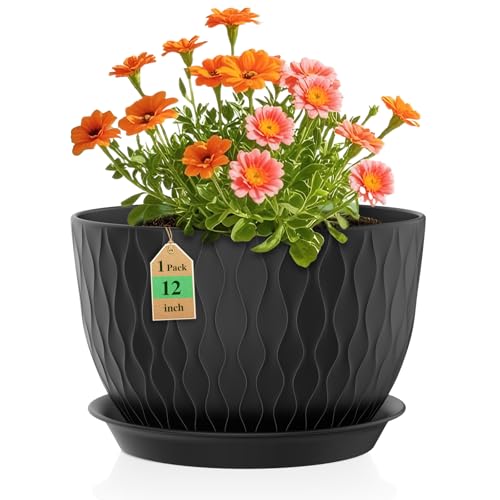 WSMKSZ 12 Inch Large Plant Pots for Indoor or Outdoor Plants, Wide Water Ripples Flower Pots with Drainage Holes & Saucer, Plastic Planters Set for Garden & Home Decor (Black) - color: Black