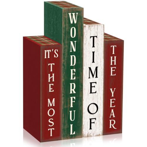 Xuhal 4 Pcs Christmas Table Decor, Rustic Wooden Christmas Xmas Books Signs - style: Christmas