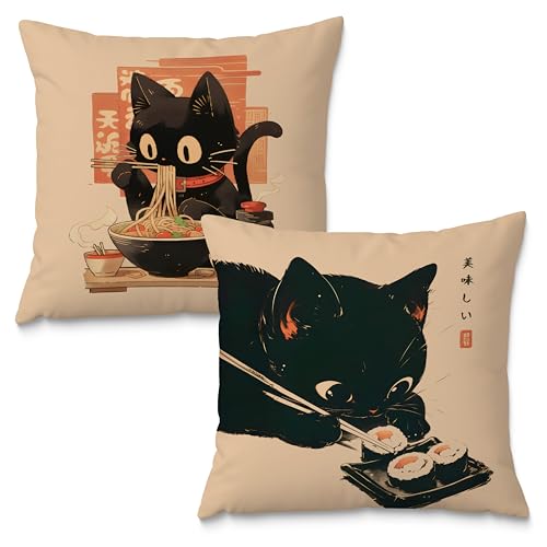 Funny Vintage Black Cat Japanese Sushi Ramen Noodles Pillow Covers 18x18 Set of 2, Aesthetic Black Cat Art Painting Decor Pillow Covers for Room Bedroom - color: Style14