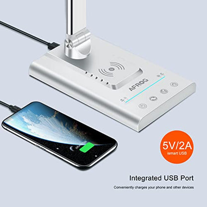 AFROG 5th Gen Multifunctional LED Desk Lamp with 10W Fast Wireless Charger, USB Charging Port,1800Lux Super Bright,5 Lighting Mode,7 Brightness, Touch Control, Auto Timer, 15W Office Table Lamp - color: White 5.0 Pro