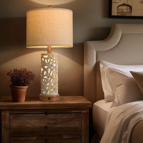 OYEARS 22'' Table Lamp Set of 2 for Living Room,Farmhouse Lamp for for Bedroom,Vintage Retro Bedside Lamps with USB Ports Linen Shade for Home Office (Brown, Bulb Included) - color: Distressed White and Brown