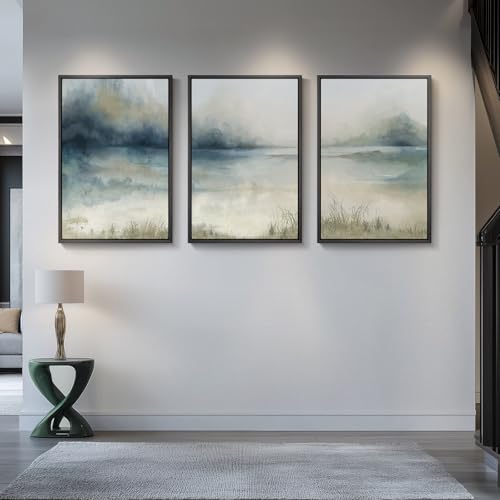 Large Framed Blue Nature Landscape Wall Art for Living Room, 3 Piece 24x36 - color: Misty Lake, size: 24" W x 36" H x 3pcs