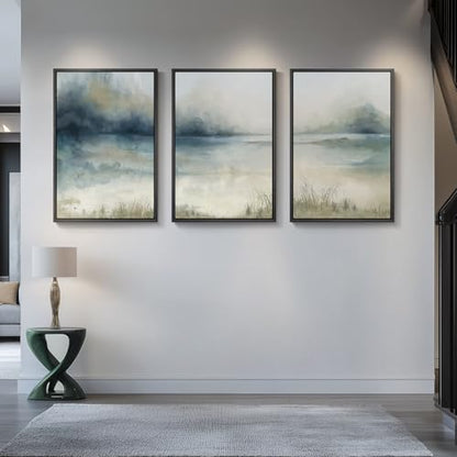 Large Framed Blue Nature Landscape Wall Art for Living Room, 3 Piece 24x36 - color: Misty Lake, size: 24" W x 36" H x 3pcs