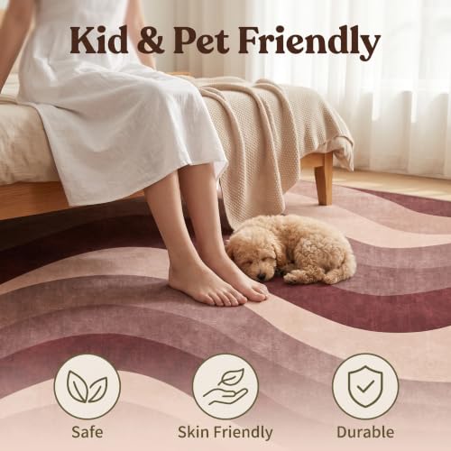 6X9 Modern Burgundy Dusty Rose Wavy Striped Washable Area Rug - color: Burgundy, size: 6' x 9' (Rectangular)