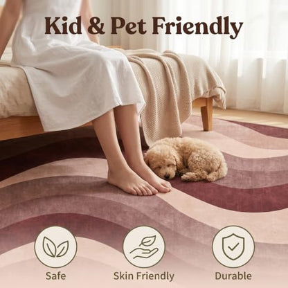 6X9 Modern Burgundy Dusty Rose Wavy Striped Washable Area Rug - color: Burgundy, size: 6' x 9' (Rectangular)