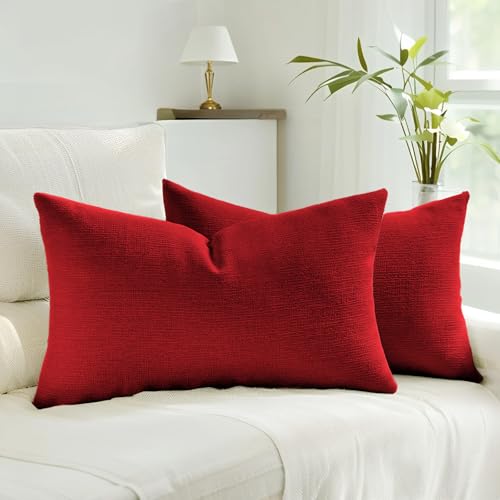 HAUSSY Set of 2 Soft Chenille Throw Pillow Covers 12x20 Inch, Classic Red - color: Classic Red, size: 20" x 12" (Pack of 2)