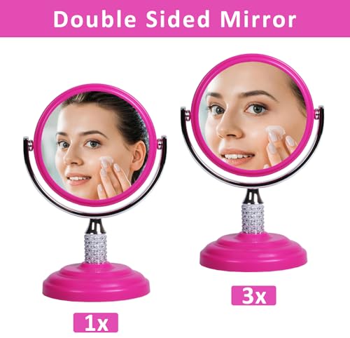 Zahari Home Galvin Double Sided Makeup Mirror with Stand, 1X/3X Magnification, 360 Degree Swirl, 5.60 inch, Pink - color: Pink, size: 5.6"L x 3.8"W