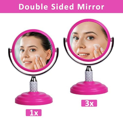 Zahari Home Galvin Double Sided Makeup Mirror with Stand, 1X/3X Magnification, 360 Degree Swirl, 5.60 inch, Pink - color: Pink, size: 5.6"L x 3.8"W