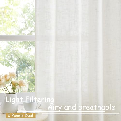 Treatmentex White Semi Sheer Curtains for Living Room 52 x 95 Long Drapes, Flax Linen Blend Pricacy Light Filtering Curtain Panels 2 Pack Rod Pocket - color: Off White-flax Blend Rod Pocket, size: 52"W x 95"L (Pack of 2)