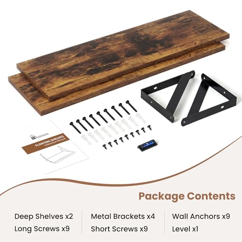 Axeman 24 Inch Floating Shelves, 8 Inch Deep Brown Wall Shelves Set of 2 - color: Rustic Brown, size: 23.6 Inch