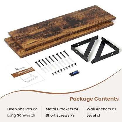 Axeman 24 Inch Floating Shelves, 8 Inch Deep Brown Wall Shelves Set of 2 - color: Rustic Brown, size: 23.6 Inch