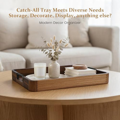 Acacia Wood Serving Tray with Metal Handle, 17x13in Tray for Ottoman - color: Dark Acacia / Black Handle, size: 17” × 13” × 2”