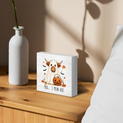 Fall Halloween Highland Cow Pumpkin Wood Box Sign Desk Decor 5X5 - color: Ghost Cow