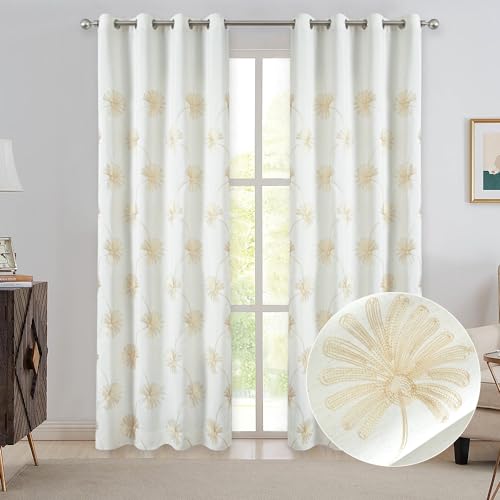 VOGOL Floral Embroidered Curtains 84 Inches Length, White Linen Textured Thick Drapes for Home Office, 2 Packs View Reducing Grommet Curtain Panels for Living Room, 52 x 84 - color: White, size: 52"W x 84"L (Pack of 2)