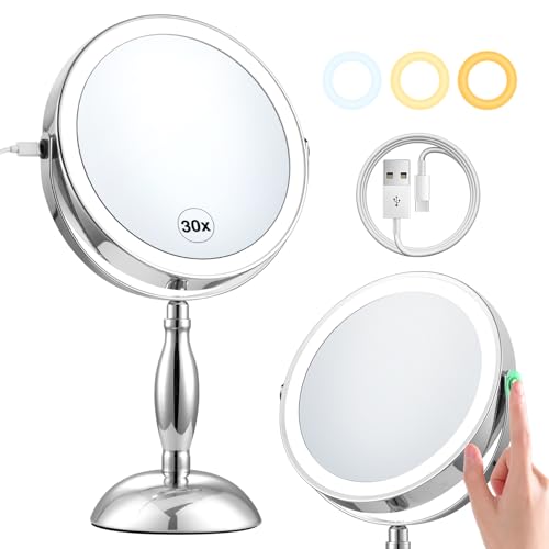 30x Magnifying Mirror, Chrome Lighted Makeup Mirror with 3 Colors Modes - color: Chrome