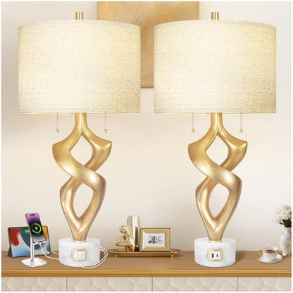 Scenekoy 31” Tall Sculptural Table Lamp Set of 2 with USB Ports for Bedroom - size: 31 inches Gold Leaf -028-SL