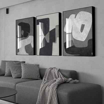 QKF 3Pcs Black White Gray Abstract Geometric Crystal Framed Canvas Wall Art - color: Black, White, Dark Gray, size: 20" X 28" X 3 pieces