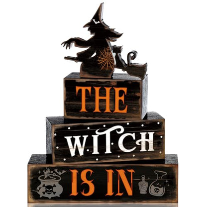 4 Pcs Halloween Witch Table Decor for Home Witch Is in Wooden Block Sign - style: Witch and Black Cat