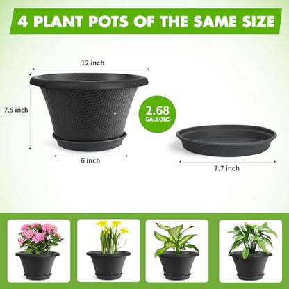 Quarut 12 Inch Pots for Plants,4 Pack Large Flower Pots with Drainage Hole - color: Diamond Pattern-black, size: 12 inch-4 Pack