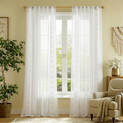 jinchan Floral Linen Curtains, Back Tab 54x96 Inch, 2 Panels White - color: S | Off White, size: 54"W x 96"L (Pack of 2)