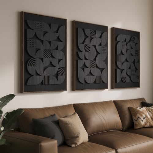 Framed 3D Wood Black Abstract Textured Wall Decor Living Room, 24x36 Inch - color: Black