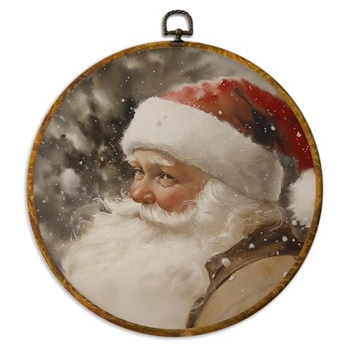 XPH Vintage Christmas Santa Round Wall Art Framed, Rustic Christmas Circle Wall Decor, Farmhouse Cozy Winter Xmas Hanging Canvas Prints for Home Bedroom Living Room Decoration, 10x10 Inch - color: Christmas 17