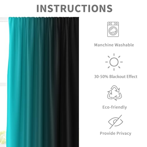 Teal Black Curtains, Ombre, 2 Panels, 42" W x 63" L, Rod Pocket - color: New Teal, size: 42"W x 63"L (Pack of 2)