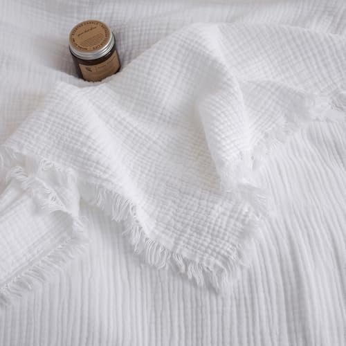 FOSSA Muslin Blanket 4-Layer 100% Cotton Gauze Blanket with Fringe 90"x90" - color: Bright White, size: Queen (90" × 90")