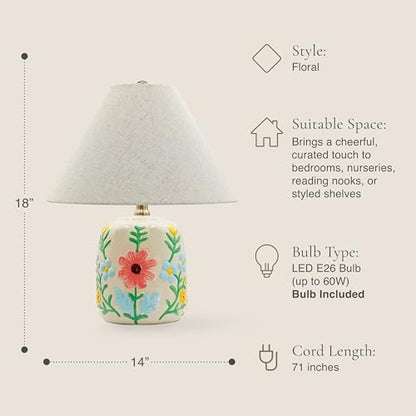 Abani Rosalie Floral 19” Table Lamp – Cream Ceramic Base with Wheat Linen Cylinder Shade, E26 2-Way Bulb Included – Elegant Bedside Lamp for Bedroom, Living Room, Entryway or Nightstand