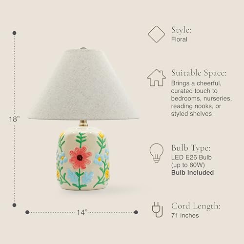 Abani Rosalie Floral 19” Table Lamp – Cream Ceramic Base with Wheat Linen Cylinder Shade, E26 2-Way Bulb Included – Elegant Bedside Lamp for Bedroom, Living Room, Entryway or Nightstand