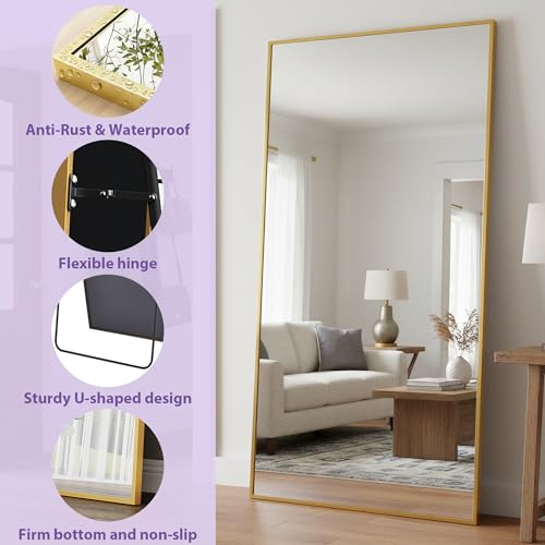 Full Length Mirror, 83"x44" Floor Mirror Freestanding, Oversized Floor Standing Full Body Mirror with Stand for Bedroom, Hanging Mounted for Living Room Cloakroom, Gold, Rect - color: Gold, size: 83"L x 44"W, style: Rect Style