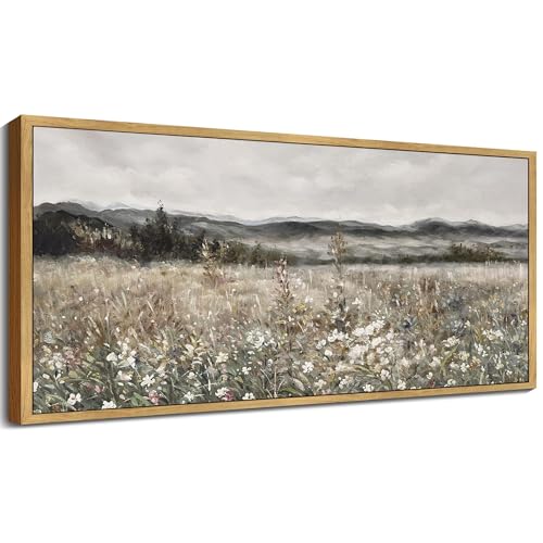 SHENIFY Vintage Framed Wall Art Meadow with Flowers Landscape Painting Retro Scenery Farmhouse Bedroom Living Room Decor - 8x16in Natural Framed - color: Flower Meadow, size: 16"L x 8"W