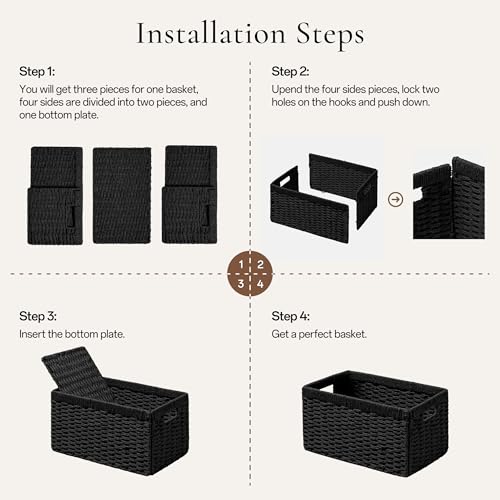 joybest Black Wicker Baskets for Shelves, Hand-woven Storage Baskets - color: Black, size: 4 Pack 13.4L x 8.3W x 7.1H inch