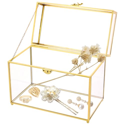 Vintage Gold Glass Jewelry Box 10 x 5.7 x 7.8 Inch with Lid
