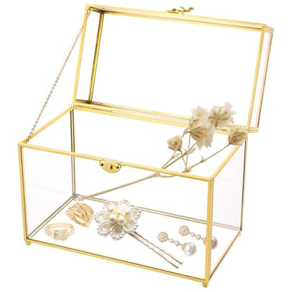 Vintage Gold Glass Jewelry Box 10 x 5.7 x 7.8 Inch with Lid