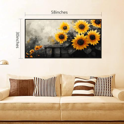 The Mode Art Sunflower Wall Art Canvas Painting, 30 x 58 inches, Black and Yellow Flower Canvas Prints Rustic Farmhouse Sunflower Pictures For Living Room Bedroom Wooden Frame - color: Yellow/Gray, size: 58"L x 30"W