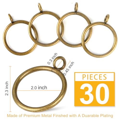Antique Brass Curtain Rings with Eyelets for Up to 1.75-Inch Curtain Rods (Set of 30 PCS Curtain Rings) (2 inch Inner Diameter) - size: Up to 1.75 inches