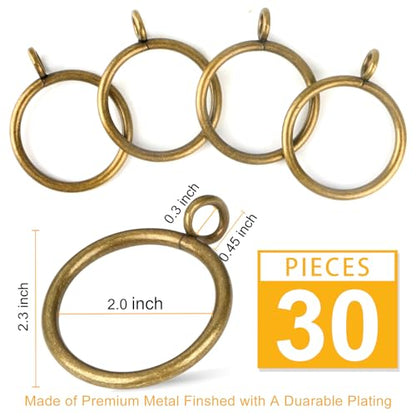 Antique Brass Curtain Rings with Eyelets for Up to 1.75-Inch Curtain Rods (Set of 30 PCS Curtain Rings) (2 inch Inner Diameter) - size: Up to 1.75 inches